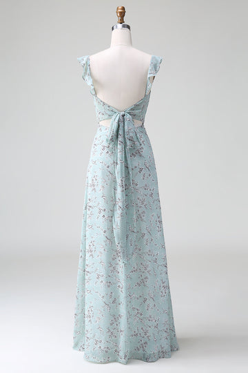Grey Green Sheath Floral Print Long Bridesmaid Dress With Slit
